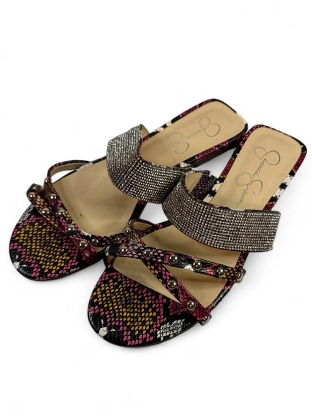 Jessica Simpson Pink and Gold Snakeskin Slide Sandals with Rhinestone Strap